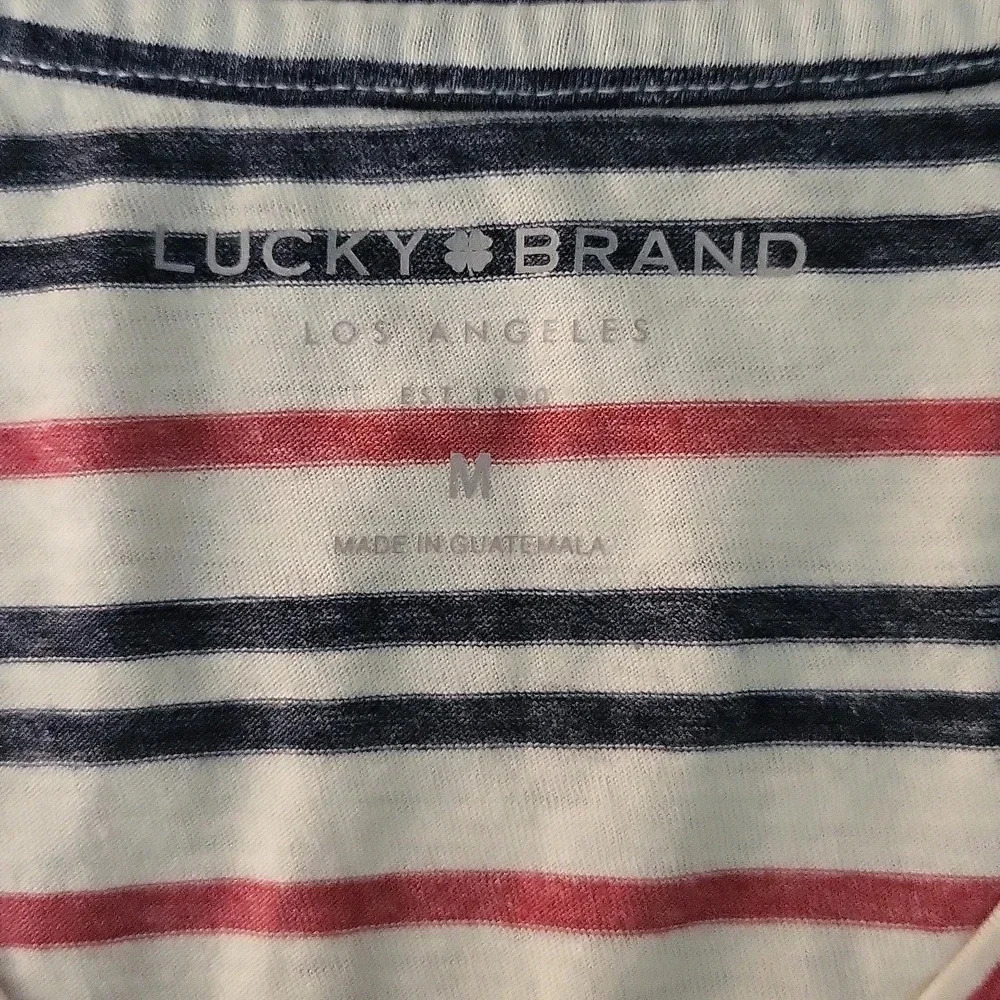 Lucky Brand White Red Blue Stripe Short Sleeve V Neck Casual Tee Womens Med - Picture 3 of 5